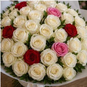 Buchet 51 Trandafiri Albi cu Accente Rosii si Roz - poza 4