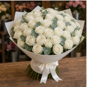 Buchet 51 Trandafiri Albi cu Eucalipt - poza 3