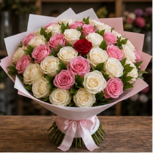 Buchet 51 Trandafiri Albi si Roz cu Salal - poza 1