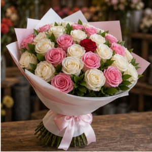 Buchet 51 Trandafiri Albi si Roz cu Salal - poza 2