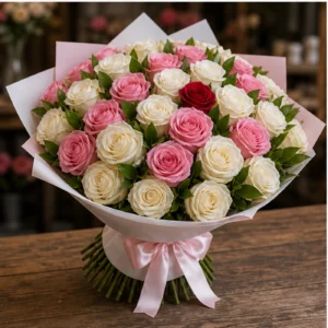 Buchet 51 Trandafiri Albi si Roz cu Salal - poza 3