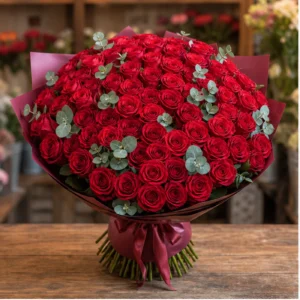 Buchet 51 Trandafiri Rosii cu Eucalipt - poza 1