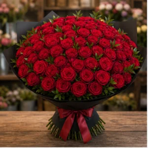 Buchet 51 Trandafiri Rosii cu Ruscus - poza 1