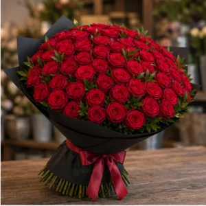 Buchet 51 Trandafiri Rosii cu Ruscus - poza 2