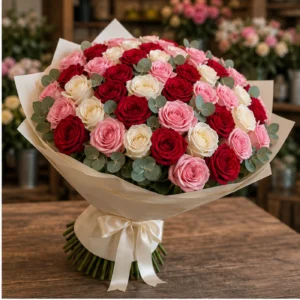 Buchet 51 Trandafiri Rosii Roz si Albi - poza 2