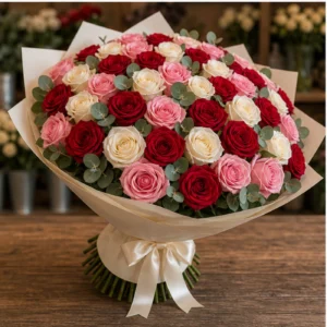 Buchet 51 Trandafiri Rosii Roz si Albi - poza 3
