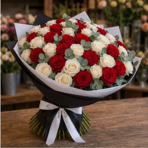 Buchet 51 Trandafiri Rosii si Albi cu Eucalipt - poza 2