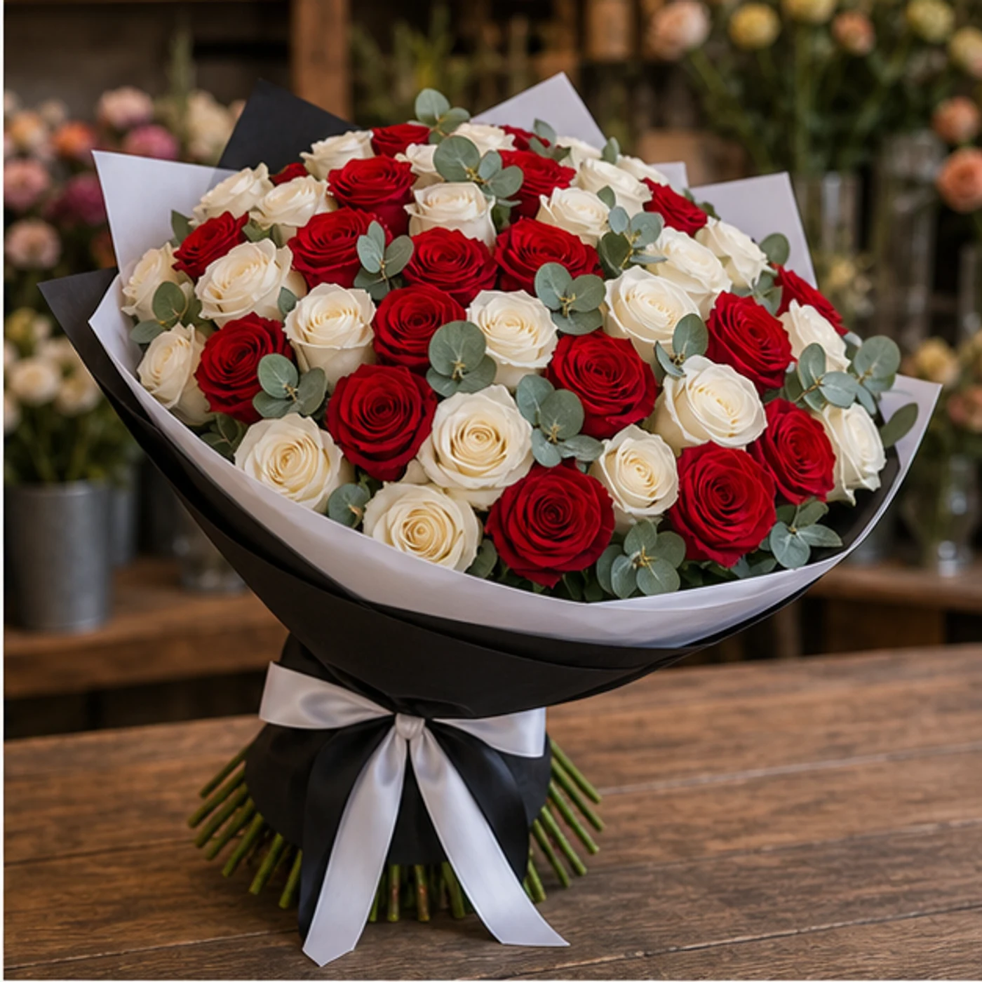 Buchet 51 Trandafiri Rosii si Albi cu Eucalipt - poza 2