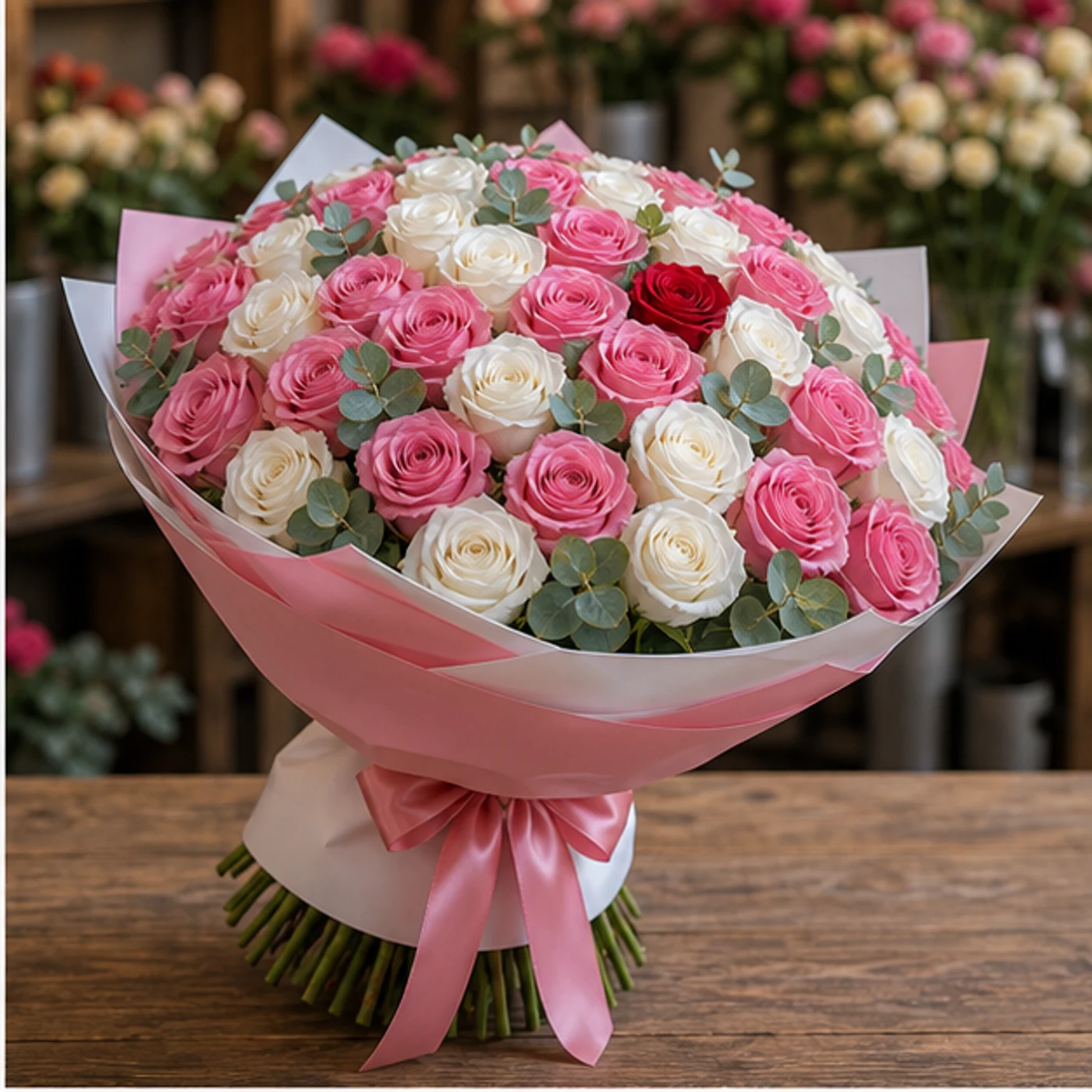 Buchet 51 Trandafiri Roz si Albi cu Eucalipt - poza 2