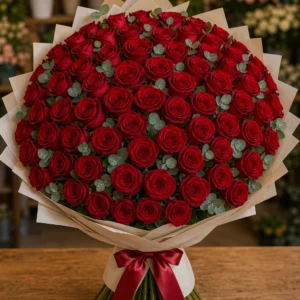 Buchet 53 trandafiri rosii cu eucalipt argintiu - poza 1