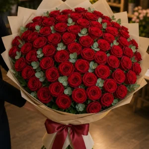 Buchet 53 trandafiri rosii cu eucalipt argintiu - poza 2