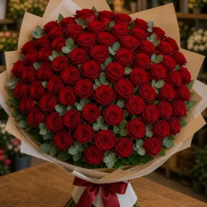 Buchet 53 trandafiri rosii cu eucalipt argintiu - poza 3