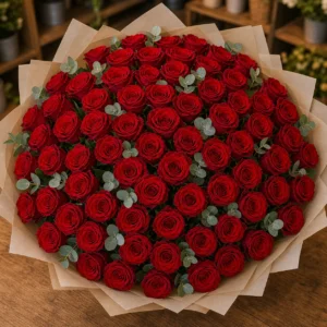 Buchet 53 trandafiri rosii cu eucalipt argintiu - poza 4