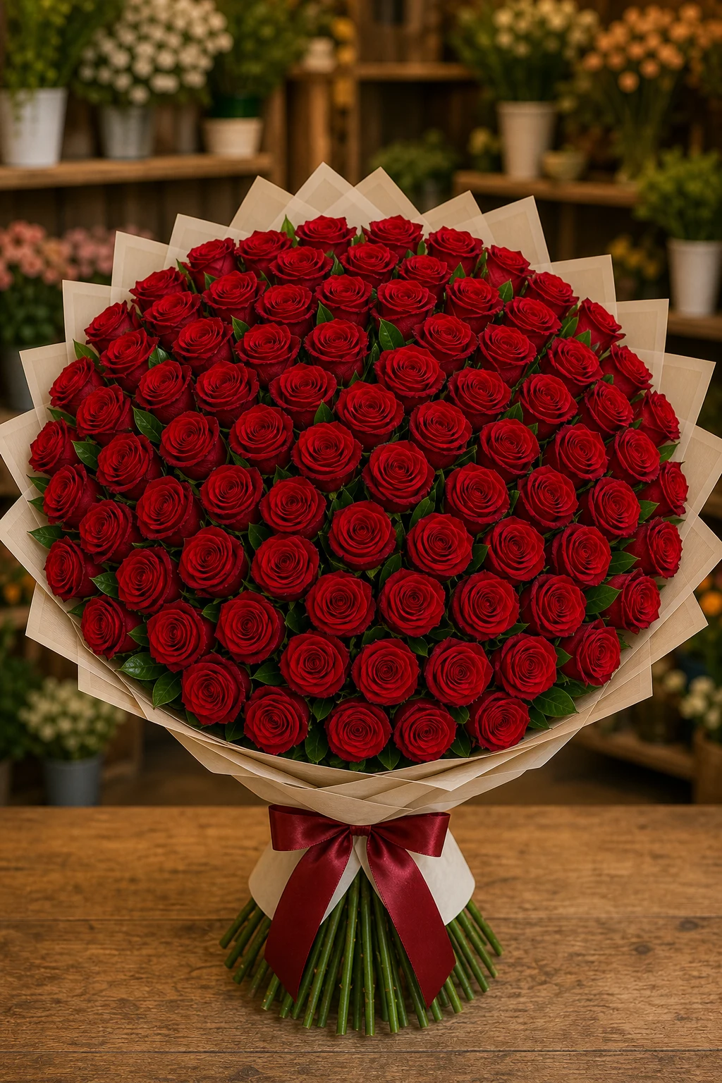 Buchet 61 trandafiri rosii cu salal verde - poza 1