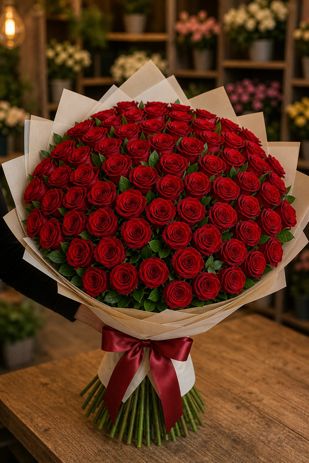 Buchet 61 trandafiri rosii cu salal verde - poza 2