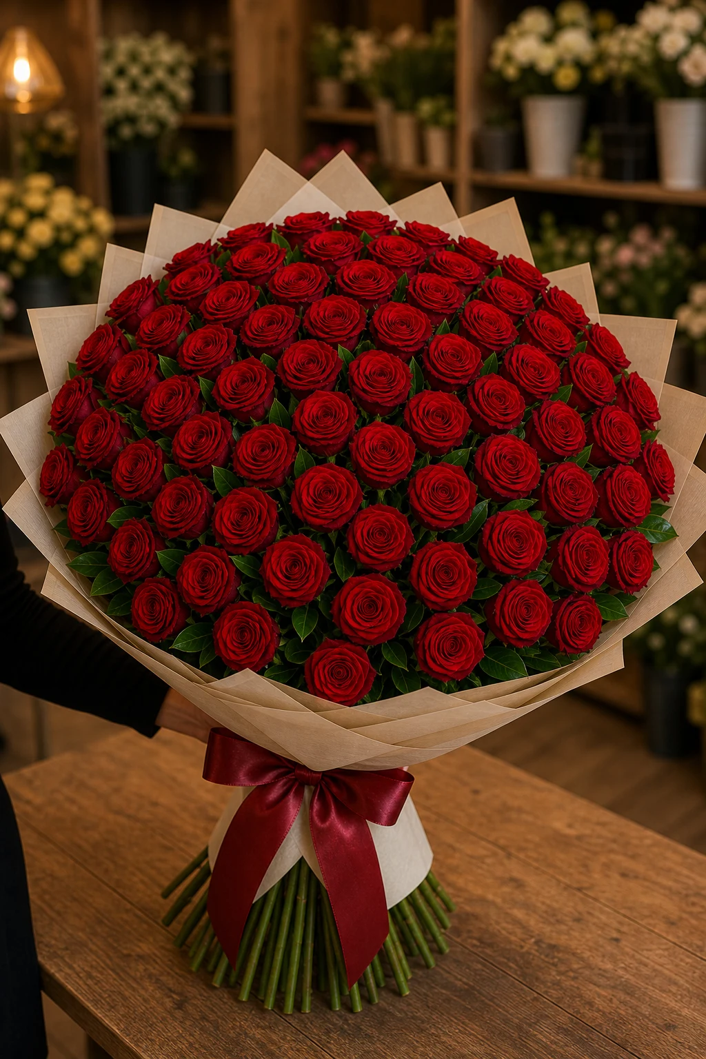 Buchet 61 trandafiri rosii cu salal verde - poza 3