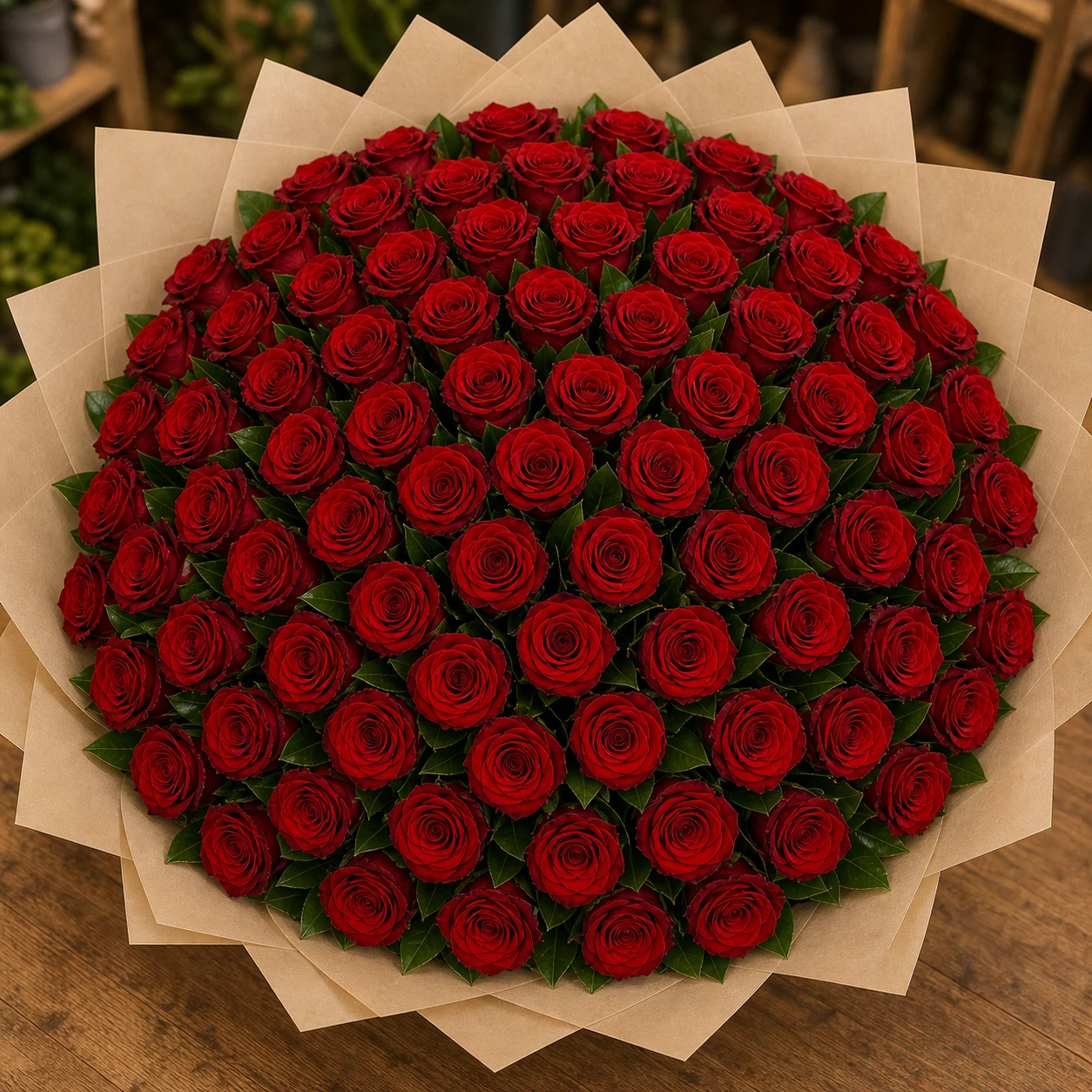 Buchet 61 trandafiri rosii cu salal verde - poza 4