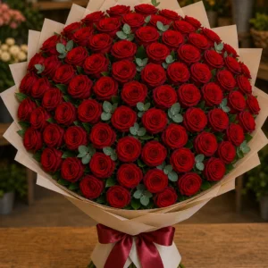 Buchet 63 trandafiri rosii cu eucalipt natural - poza 1