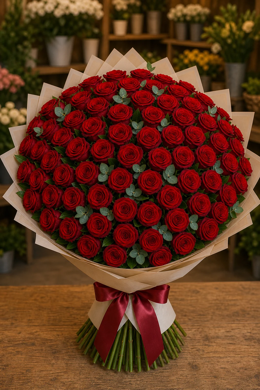Buchet 63 trandafiri rosii cu eucalipt natural - poza 1