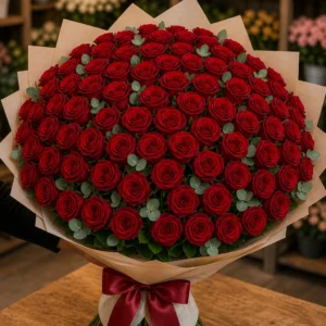 Buchet 63 trandafiri rosii cu eucalipt natural - poza 2