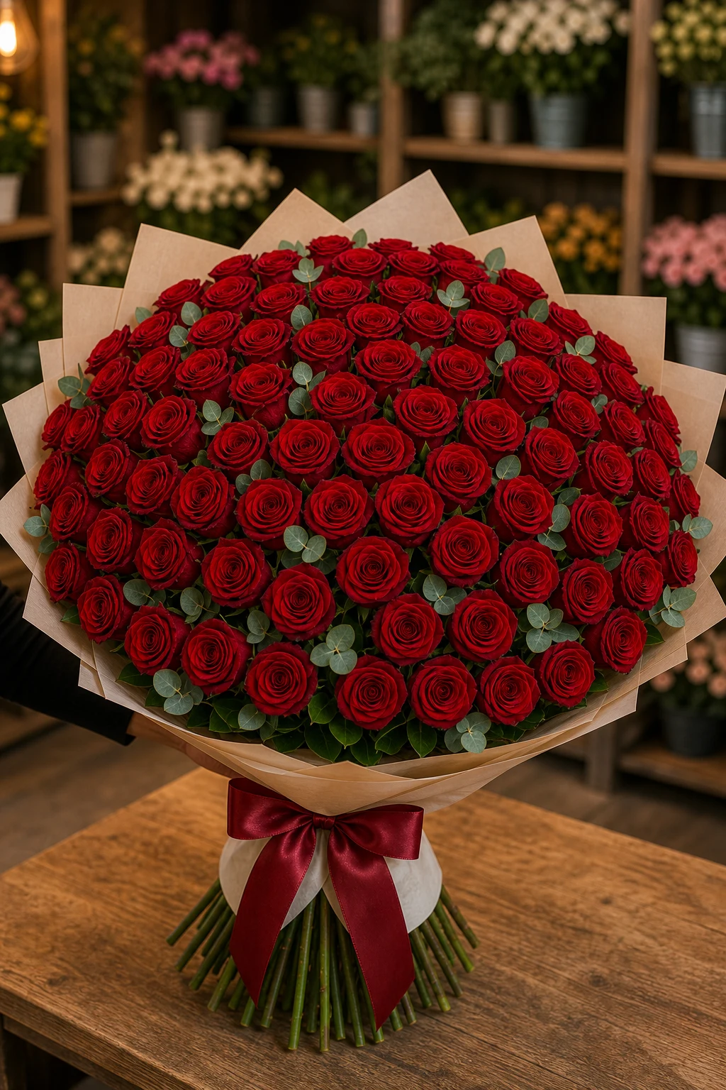 Buchet 63 trandafiri rosii cu eucalipt natural - poza 2