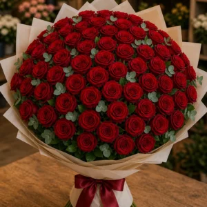Buchet 63 trandafiri rosii cu eucalipt natural - poza 3