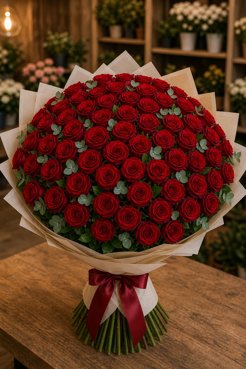 Buchet 63 trandafiri rosii cu eucalipt natural - poza 3