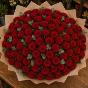 Buchet 63 trandafiri rosii cu eucalipt natural - poza 4