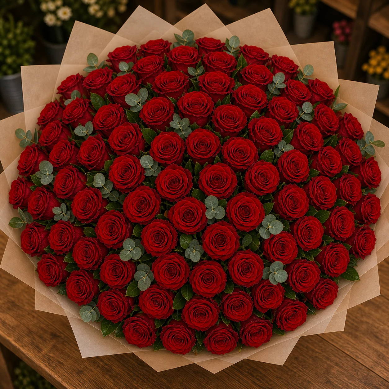 Buchet 63 trandafiri rosii cu eucalipt natural - poza 4