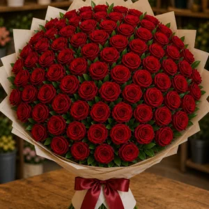 Buchet 65 trandafiri rosii cu verdeata simpla - poza 1