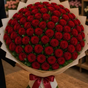 Buchet 65 trandafiri rosii cu verdeata simpla - poza 2