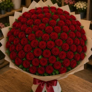 Buchet 65 trandafiri rosii cu verdeata simpla - poza 3