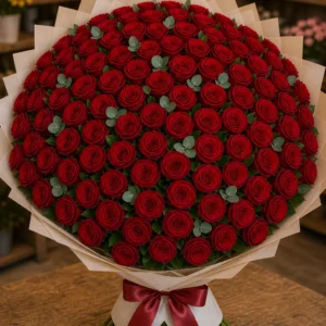 Buchet 73 trandafiri rosii cu eucalipt discret - poza 1