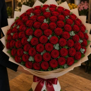 Buchet 73 trandafiri rosii cu eucalipt discret - poza 2