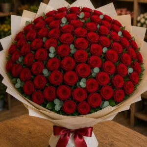 Buchet 73 trandafiri rosii cu eucalipt discret - poza 3
