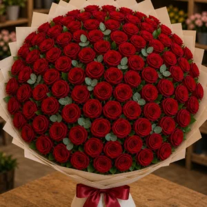 Buchet 75 trandafiri rosii cu salal si eucalipt - poza 1