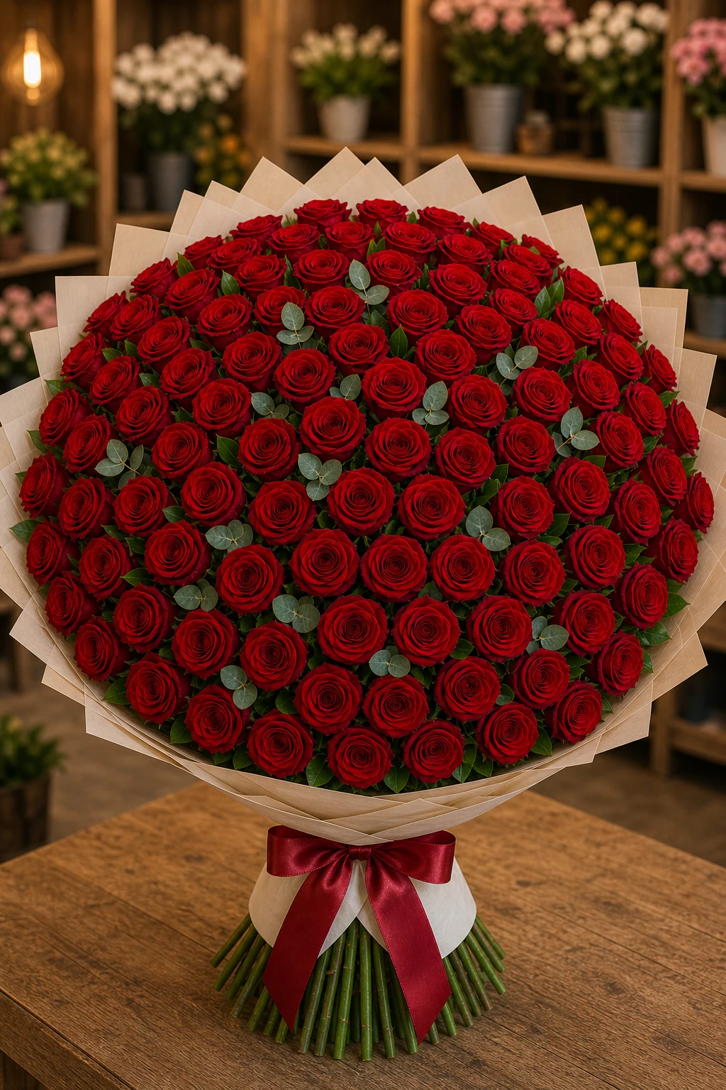 Buchet 75 trandafiri rosii cu salal si eucalipt - poza 1