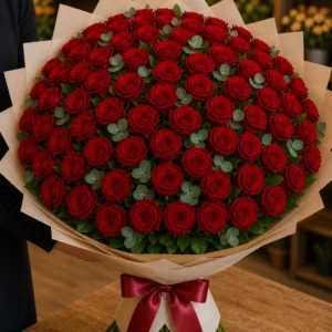 Buchet 75 trandafiri rosii cu salal si eucalipt - poza 2