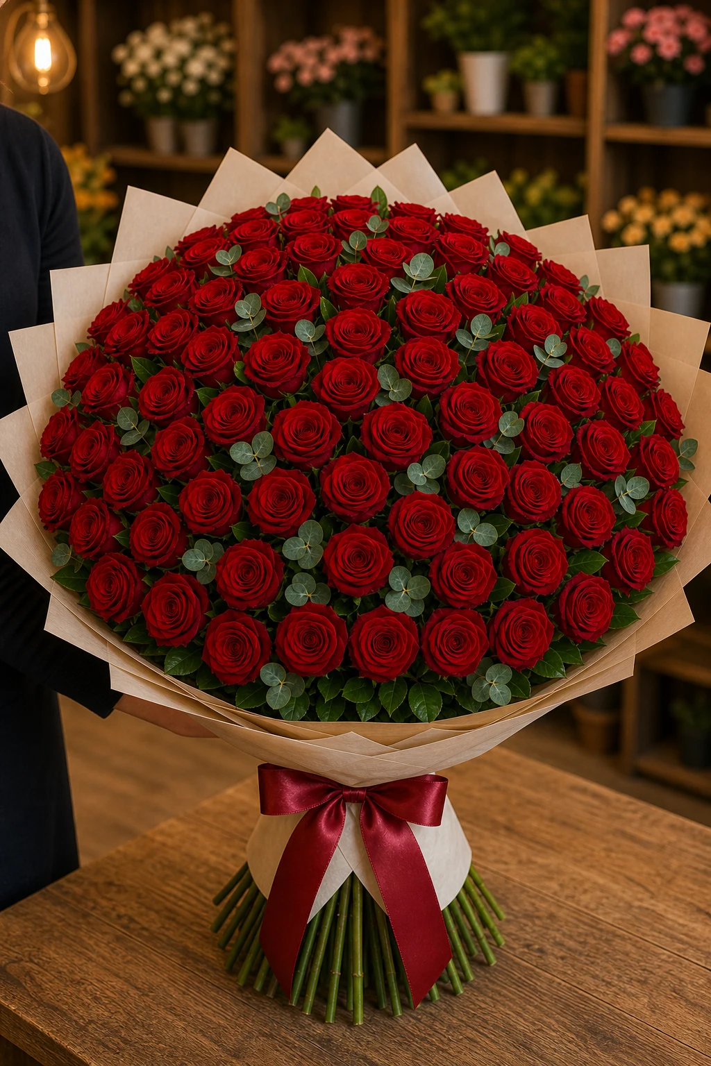 Buchet 75 trandafiri rosii cu salal si eucalipt - poza 2