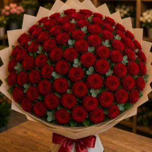 Buchet 75 trandafiri rosii cu salal si eucalipt - poza 3