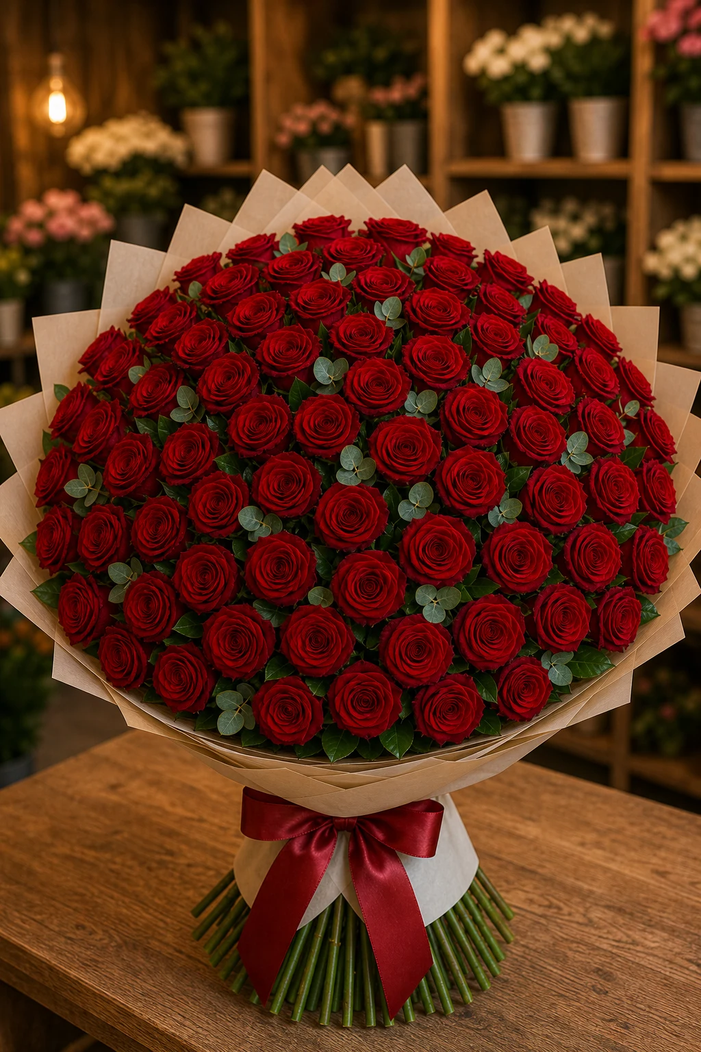 Buchet 75 trandafiri rosii cu salal si eucalipt - poza 3