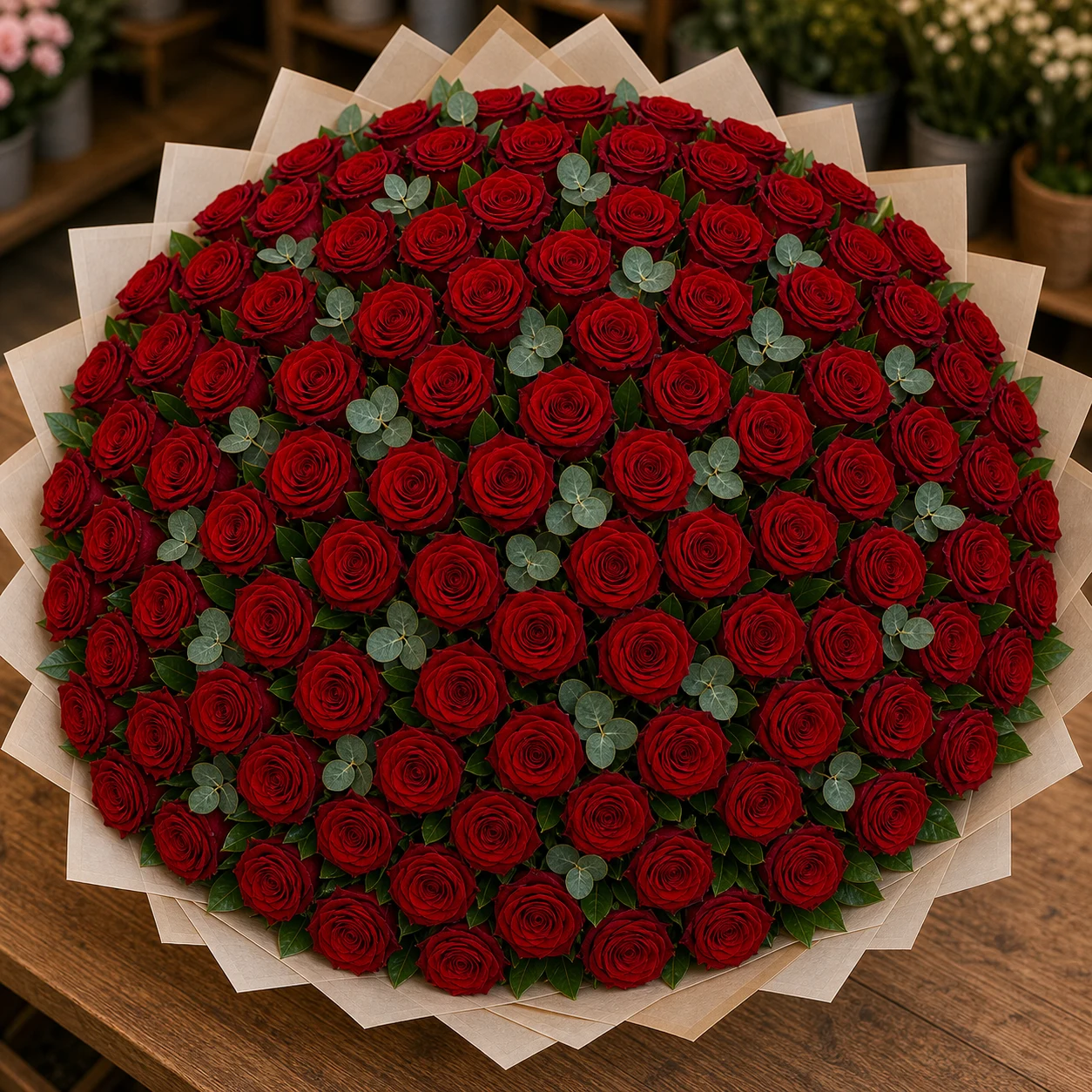 Buchet 75 trandafiri rosii cu salal si eucalipt - poza 4