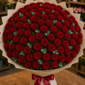 Buchet 83 trandafiri rosii cu eucalipt premium - poza 1