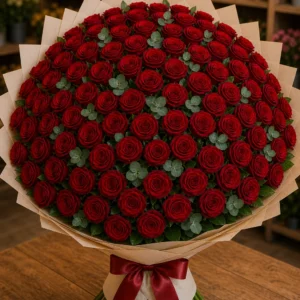Buchet 83 trandafiri rosii cu eucalipt premium - poza 3