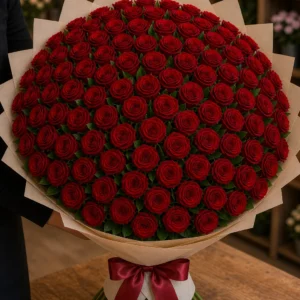 Buchet 85 trandafiri rosii cu verdeata simpla - poza 2
