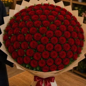 Buchet 85 trandafiri rosii cu verdeata simpla - poza 3