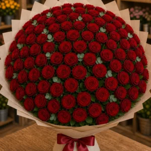Buchet 89 trandafiri rosii cu eucalipt fin - poza 1