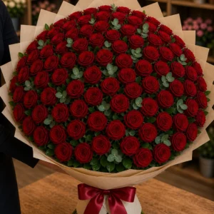 Buchet 89 trandafiri rosii cu eucalipt fin - poza 2