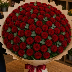 Buchet 89 trandafiri rosii cu eucalipt fin - poza 3