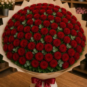 Buchet 91 trandafiri rosii cu salal si eucalipt - poza 1